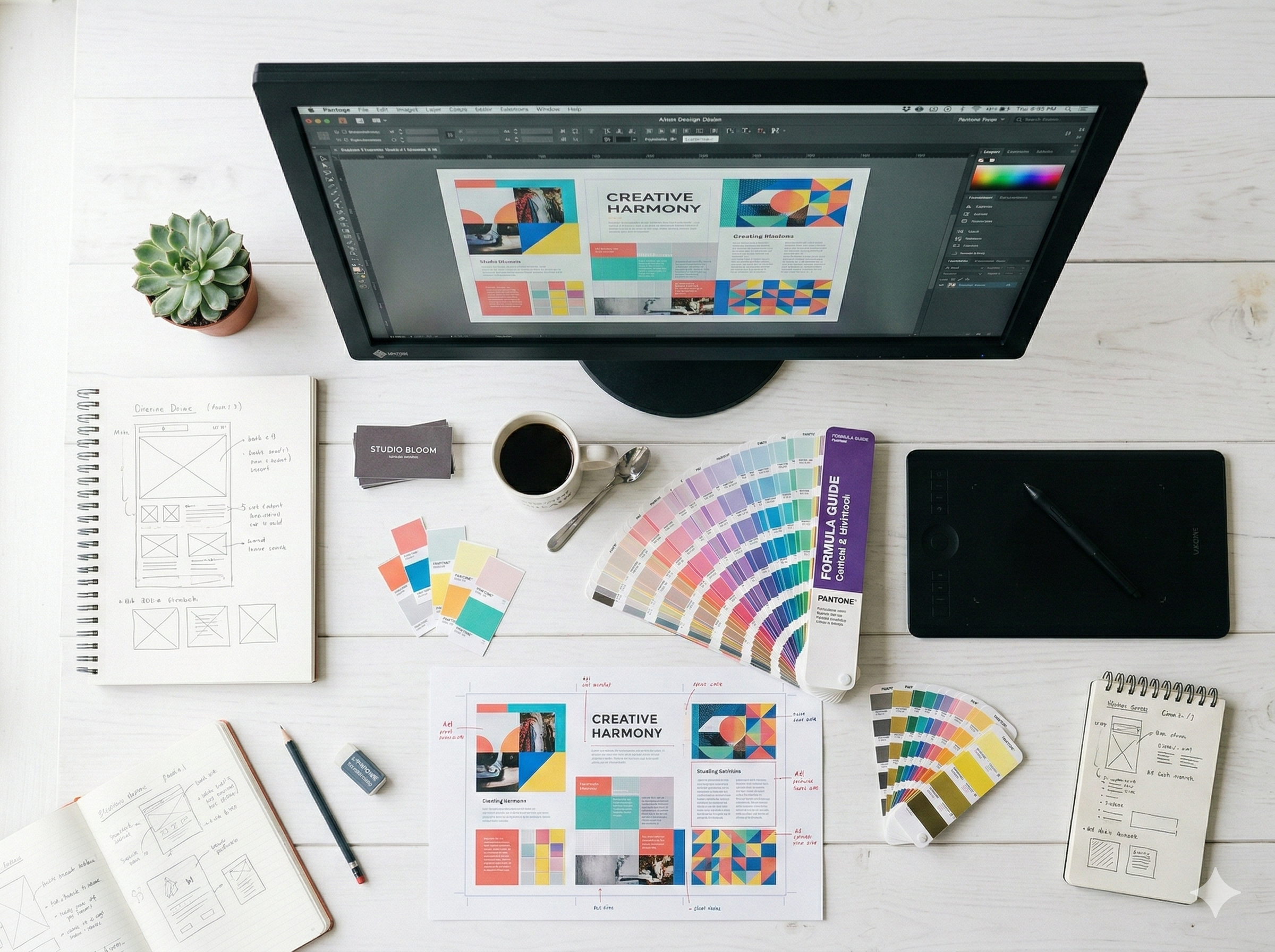 Graphic designer working on a colorful brochure layout with design tools
