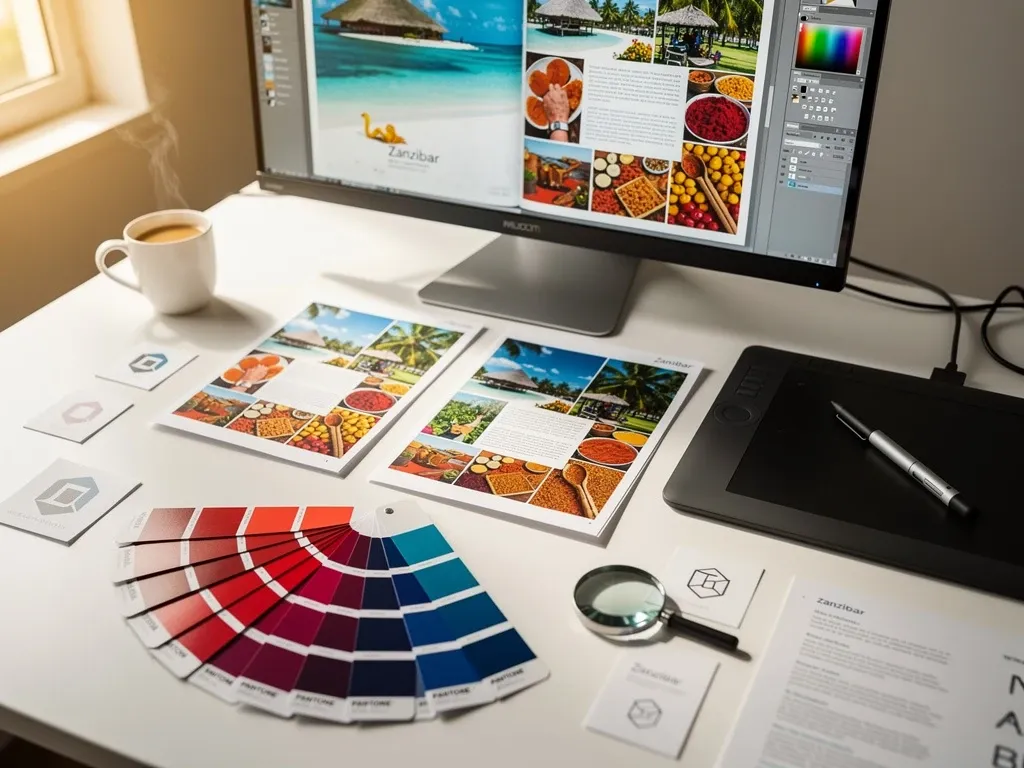 Graphic designer working on a colorful brochure layout with design tools