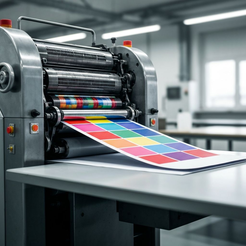 Commercial printing press producing vibrant full-color prints