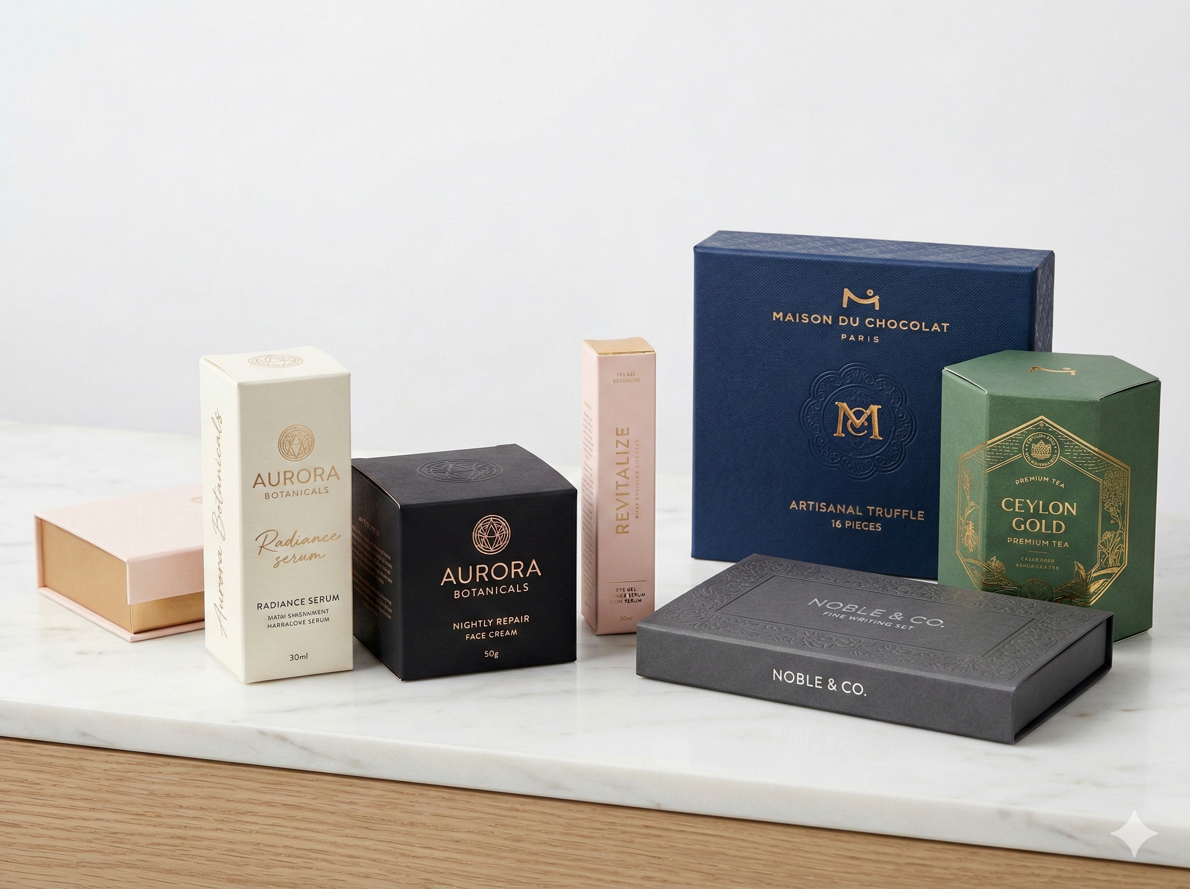 Custom product packaging and display boxes produced by Multi Color Printers