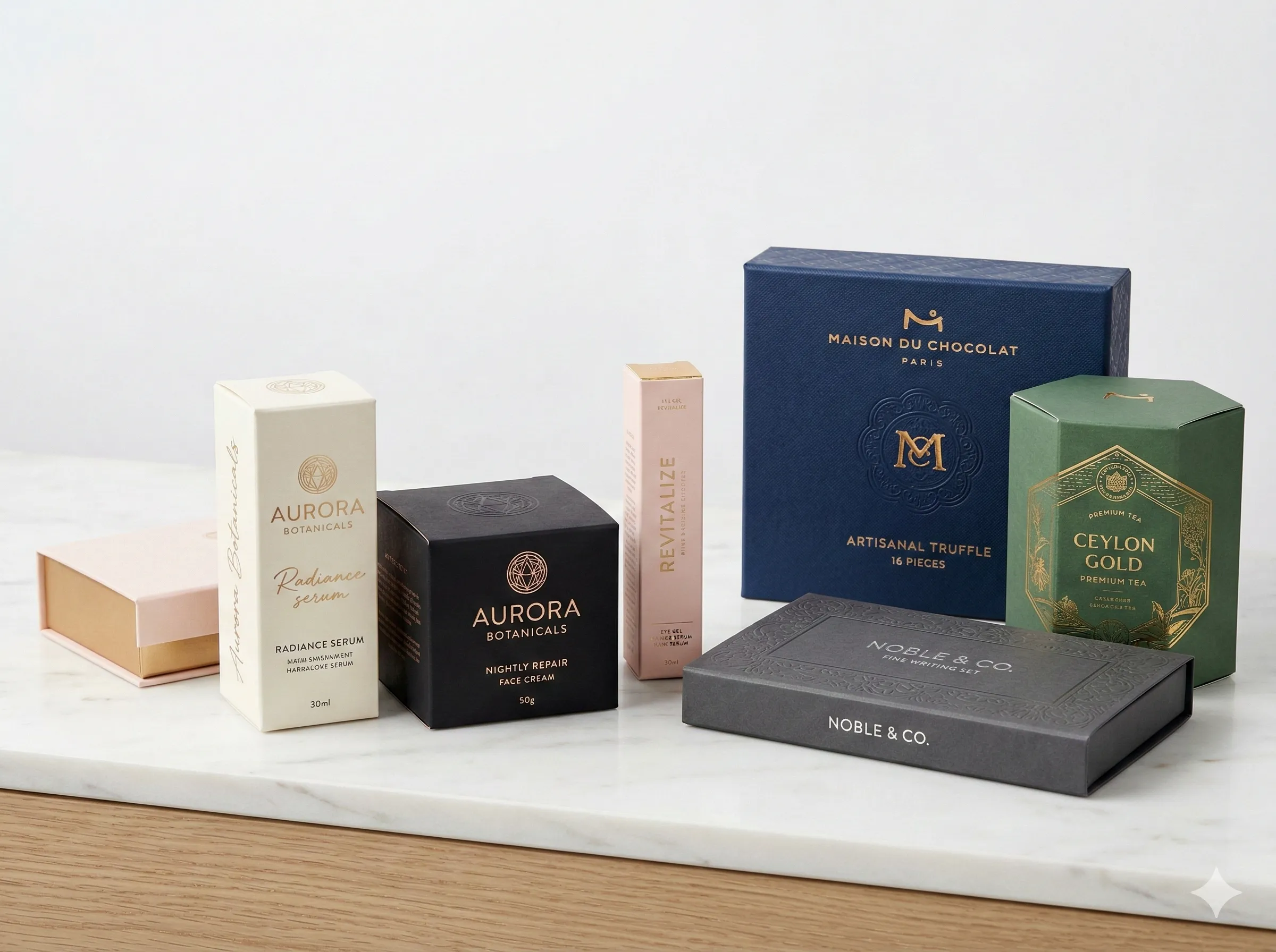 Custom product packaging and display boxes produced by Multi Color Printers